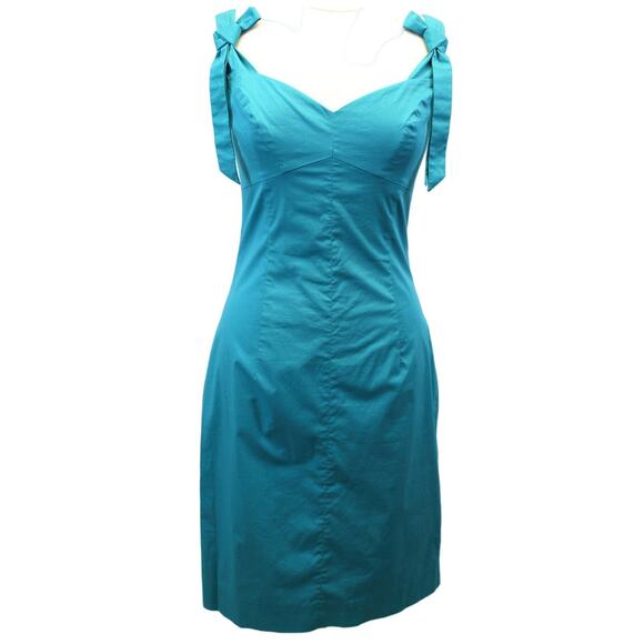 J. Peterman Womens 6 Sheath Dress Turquoise Blue Tie Shoulders Sweetheart‎ Neck - Picture 1 of 10
